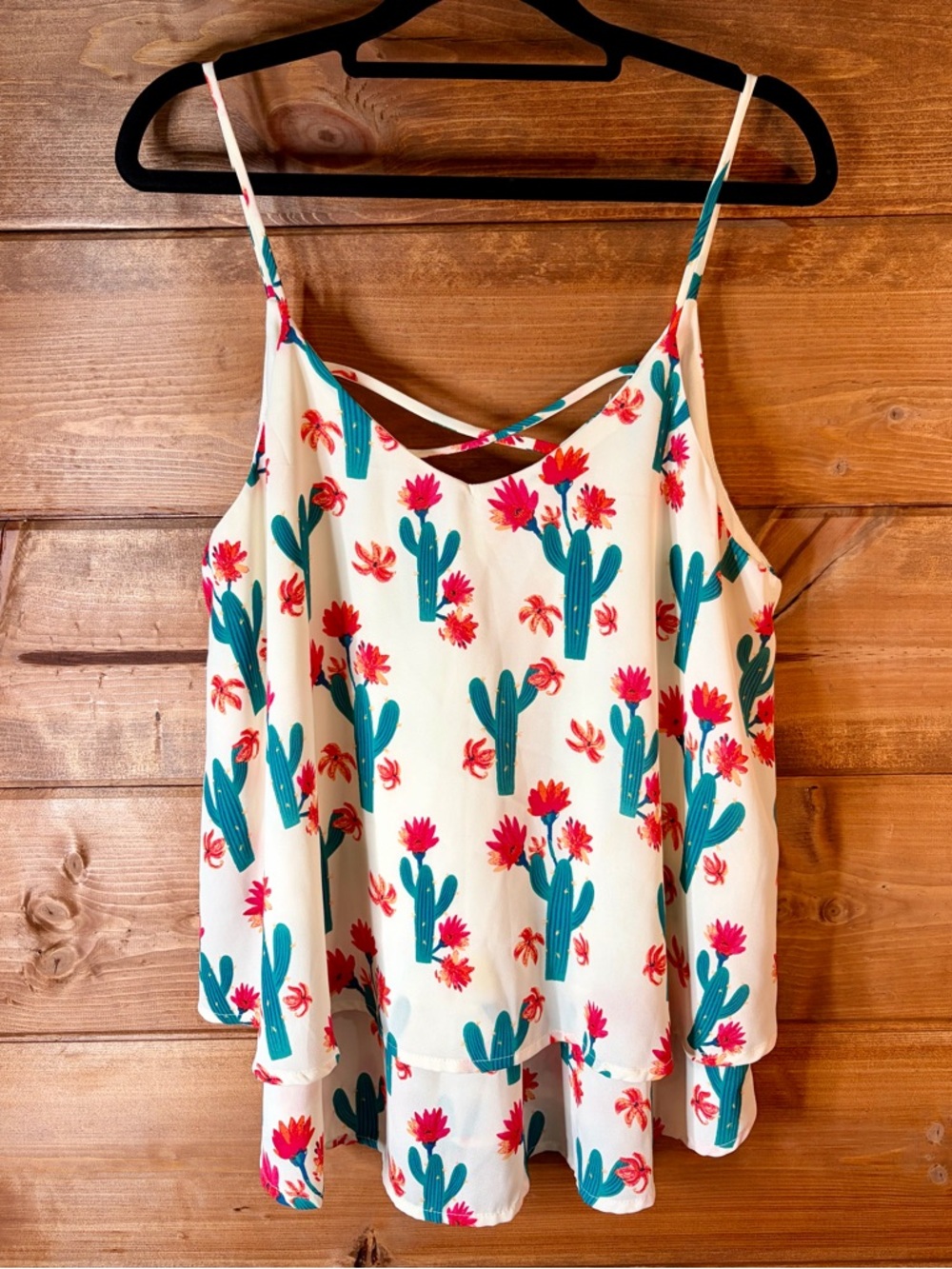 Peach Love California Cream Cactus & Pink Floral Spaghetti Strap Tank Large